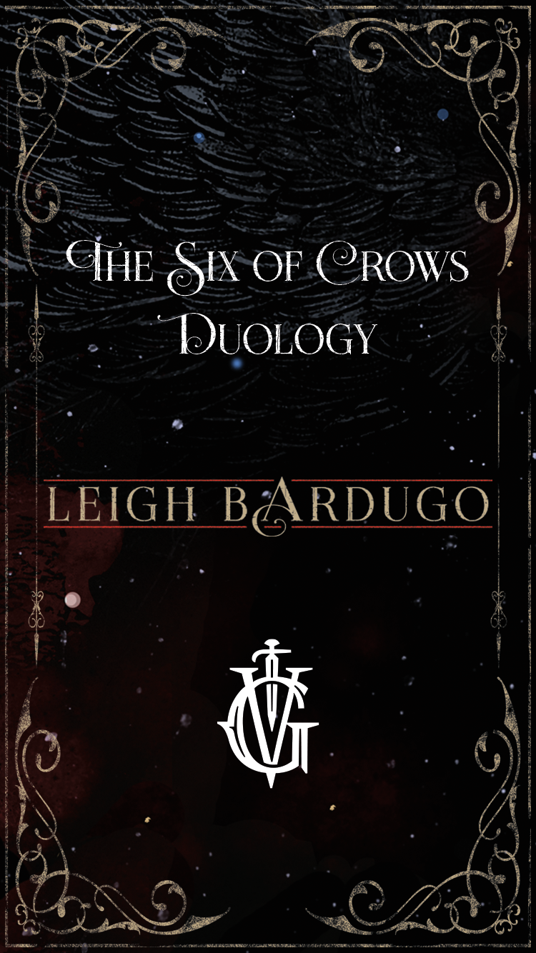 Book cover for "the six of crows duology" by leigh bardugo, featuring a dark, textured background with ornate gold designs and the title in elegant white and gold fonts. a white emblem with crossed keys is at the center.