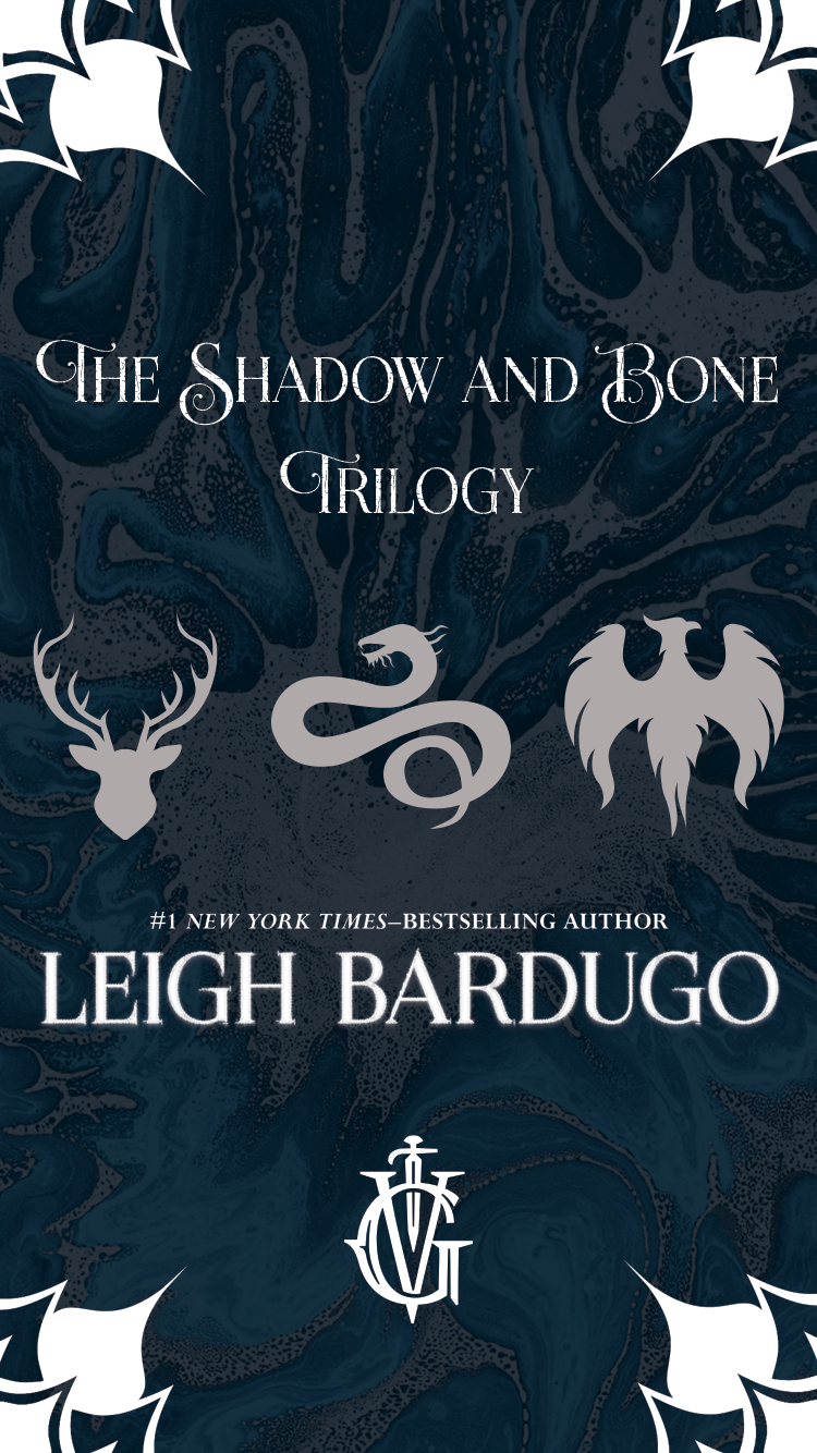 Book cover of "the shadow and bone trilogy" by leigh bardugo, featuring stylized animal symbols and a dark swirling abstract background. text is overlaid in an elegant font.