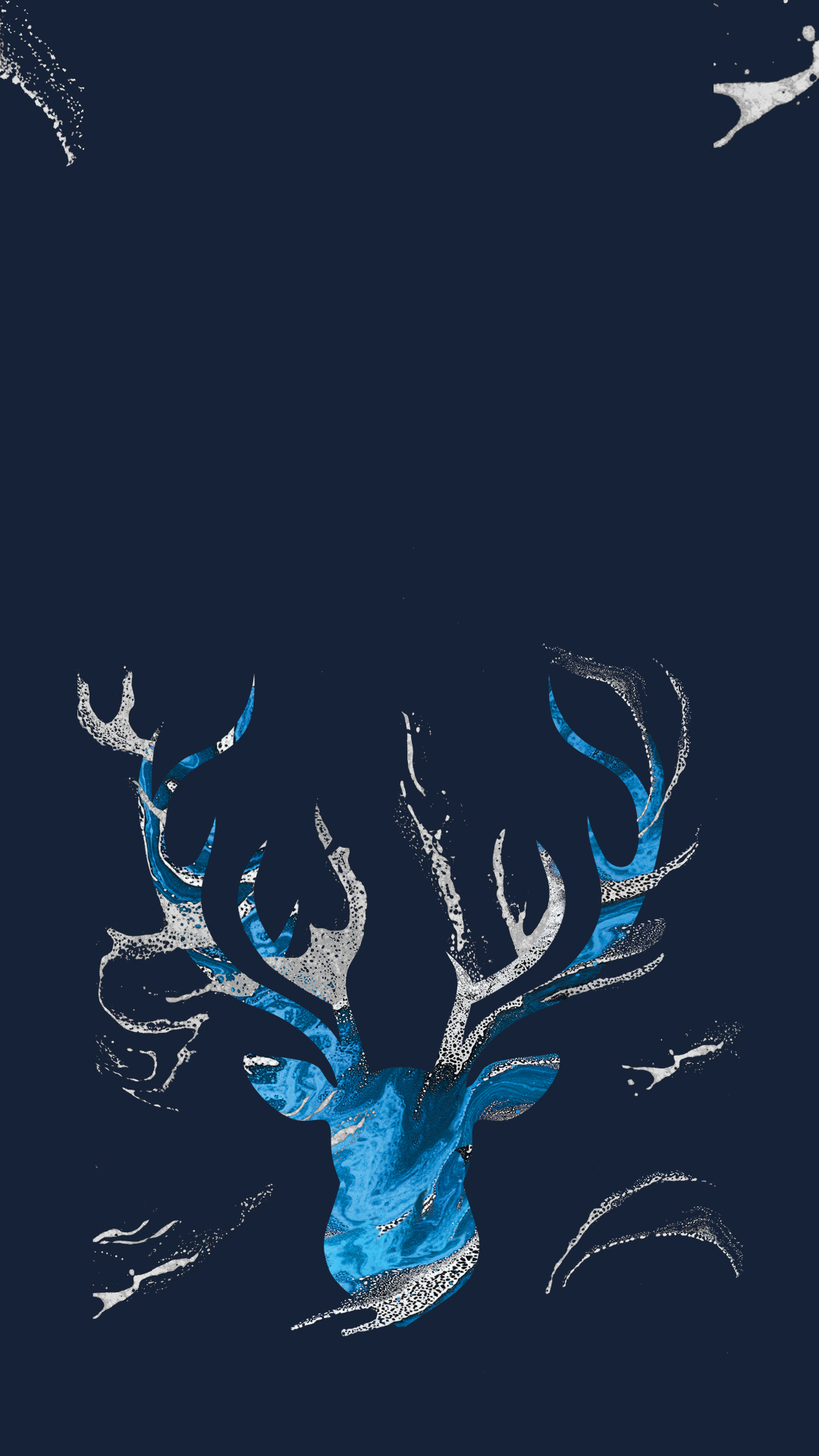 Abstract artistic representation of a stag with antlers that transition into branches, set against a dark blue background with white and lighter blue splatter, resembling a starry night sky.