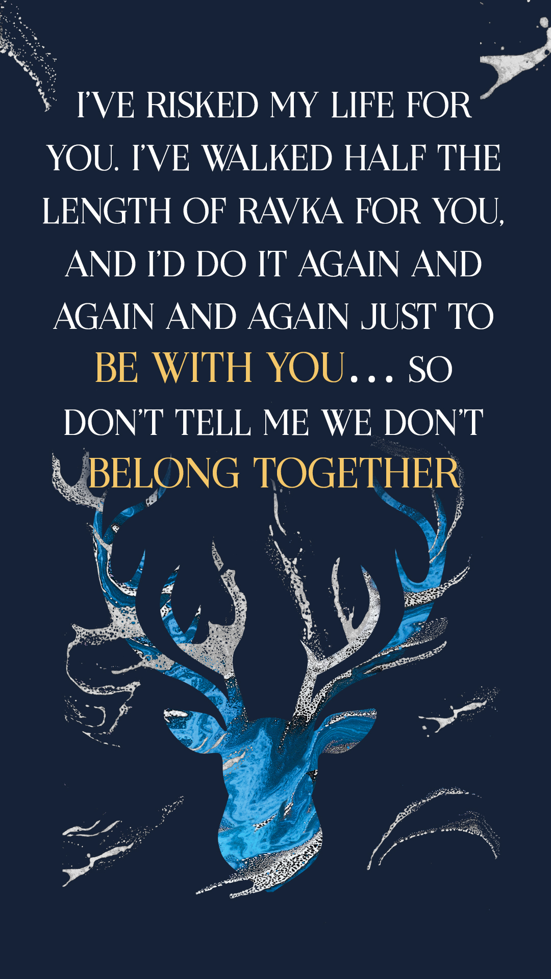 An artistic image featuring a silhouette of a deer with antlers that transform into two human figures. the background is blue with white text expressing a heartfelt message about belonging together.