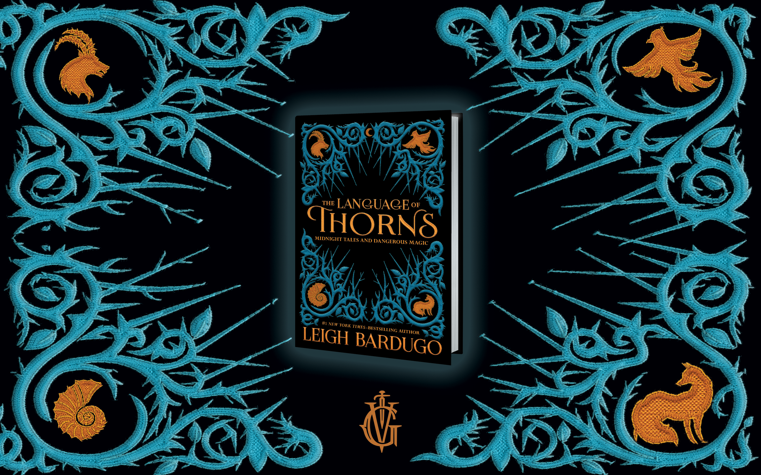 Decorative image featuring an ornate book cover titled "the language of thorns" by leigh bardugo, surrounded by intricate blue and gold floral patterns and mythical creatures on a black background.