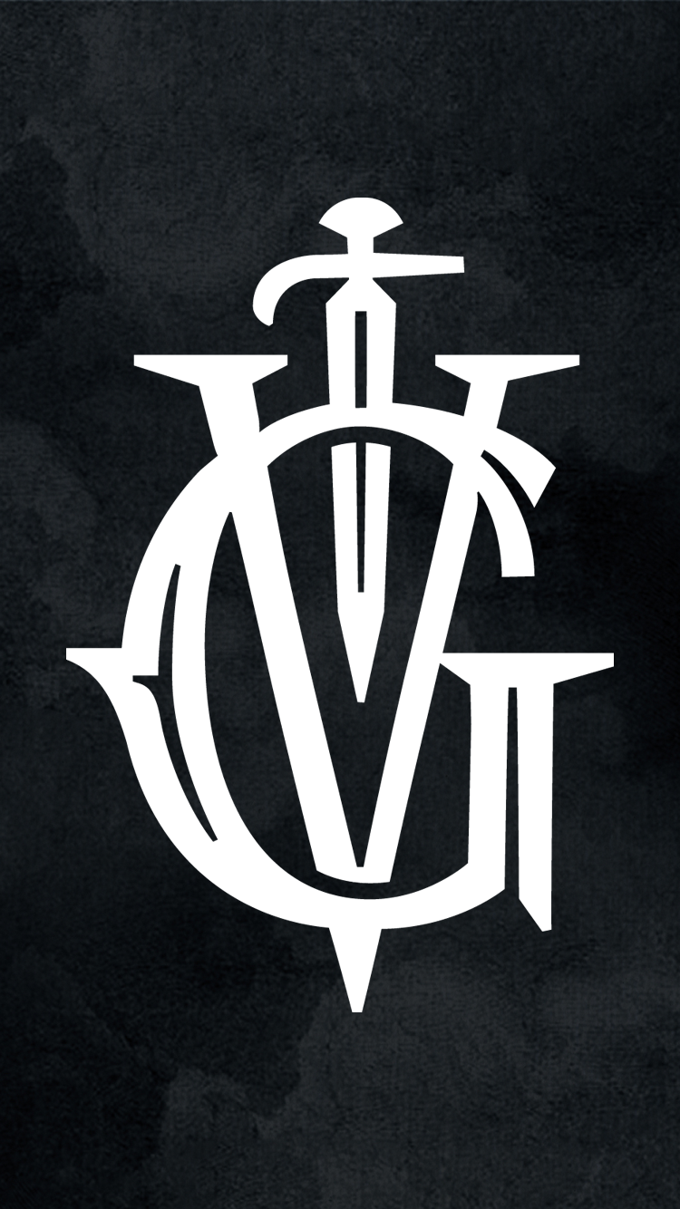 White monogram "cv" intertwined with a sword design on a textured black background.