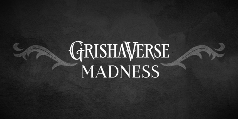 The image displays the words "grishaverse madness" in elegant, white script font centered on a textured dark gray background, with ornate, symmetrical silver swirl designs on each side.