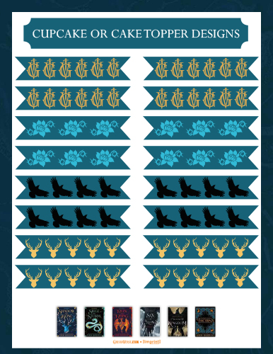 Illustration of various cupcake or cake topper designs featuring patterns such as crowns, birds, and floral motifs, displayed in rows on a dark blue background with a decorative frame.