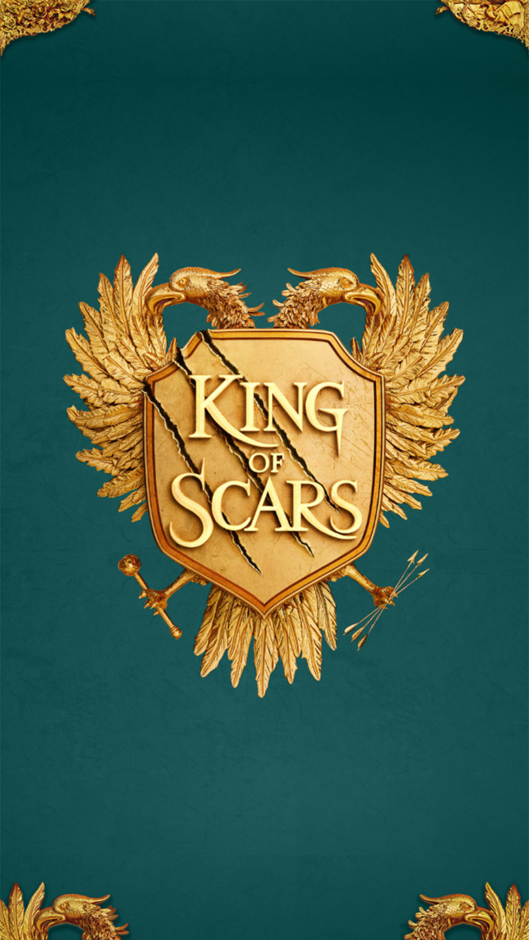 An ornate golden crest featuring a shield with a crack, bearing the words "king of scars." the shield is surrounded by intricate, stylized golden wings and swords, set against a deep teal background.