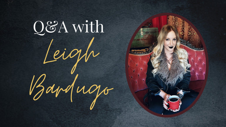 Promotional image for a q&a session featuring leigh bardugo, showing her sitting on a red leather sofa, holding a red mug, with stylized text of her name on a dark background.