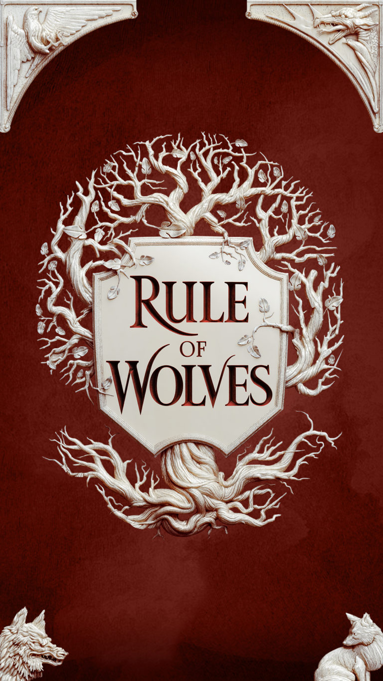 Book cover for "rule of wolves" featuring a white shield with the title centered, surrounded by intricate branches and wolves in a symmetrical design on a crimson background.