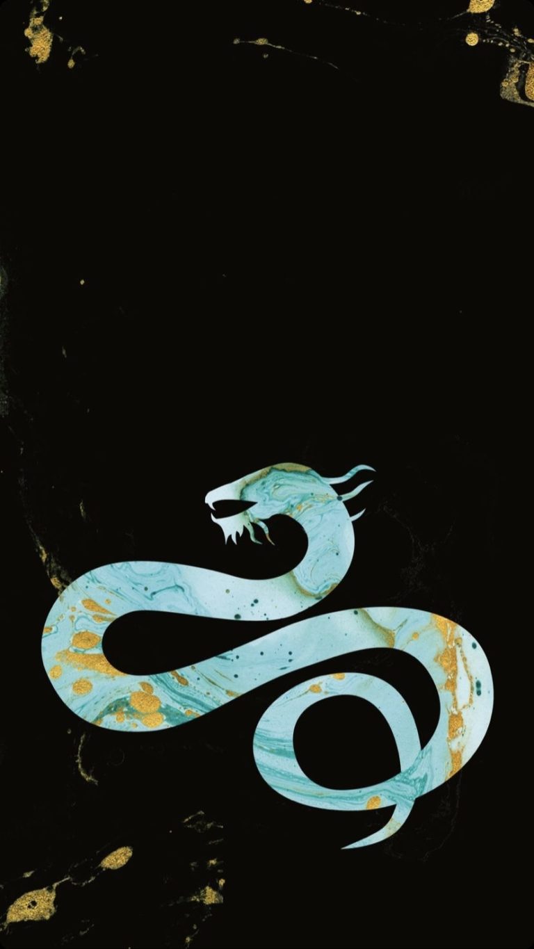 Illustration of a stylized light blue and gold dragon on a black background, depicted in a coiled position with an open mouth, showing sharp teeth.