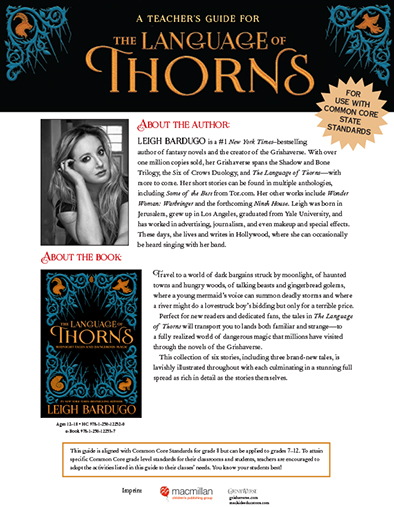 Promotional flyer for "the language of thorns" by leigh bardugo, featuring the author's photo, a book cover image, decorative borders, and text about her previous works and the new book's storyline.