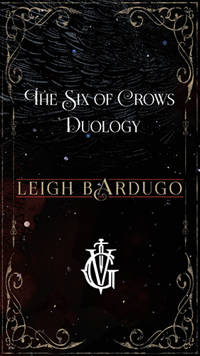 Book cover of "the six of crows duology" by leigh bardugo, featuring a dark background with celestial motifs and a white outlined anchor in the center, framed by ornate borders.