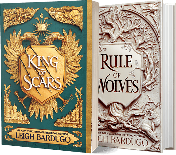 Two books by leigh bardugo displayed side-by-side. "king of scars" has a gold shield emblem on a teal background, and "rule of wolves" features detailed white relief of wolves and trees on a beige background.