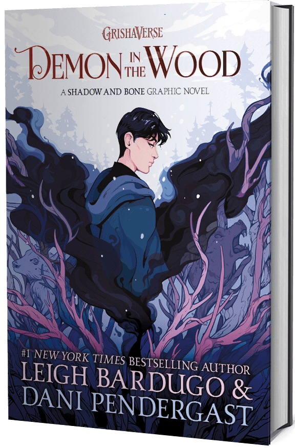 A book cover titled "demon in the wood" by leigh bardugo & dani pendergast, featuring a young man in a dark blue jacket amid shadowy trees with prominent black and violet tones.