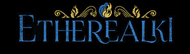 Logo with the word "ethereal" in a shimmering blue font embellished with golden ornamental designs and a stylized flame above the letter 'a'. the background is black, enhancing the text's glow.