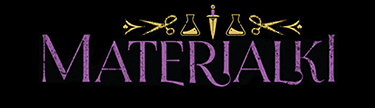 Logo featuring the word "materialki" in purple and gold cursive lettering with a stylized icon of a potion bottle, a beaker, and a pair of scissors above the text.