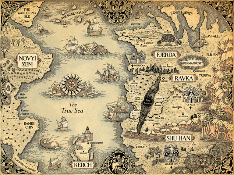 Illustrated fantasy map showing various regions such as novyi zem, kerch, shu han, and ravka, surrounded by the true sea. notable features include mountains, a compass, and ships at sea, all in a vintage style.